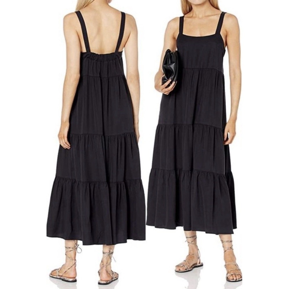 The Drop Women's SM Tiered Black Maxi Dress Pockets Boho‎ Cottagecore Minimalist